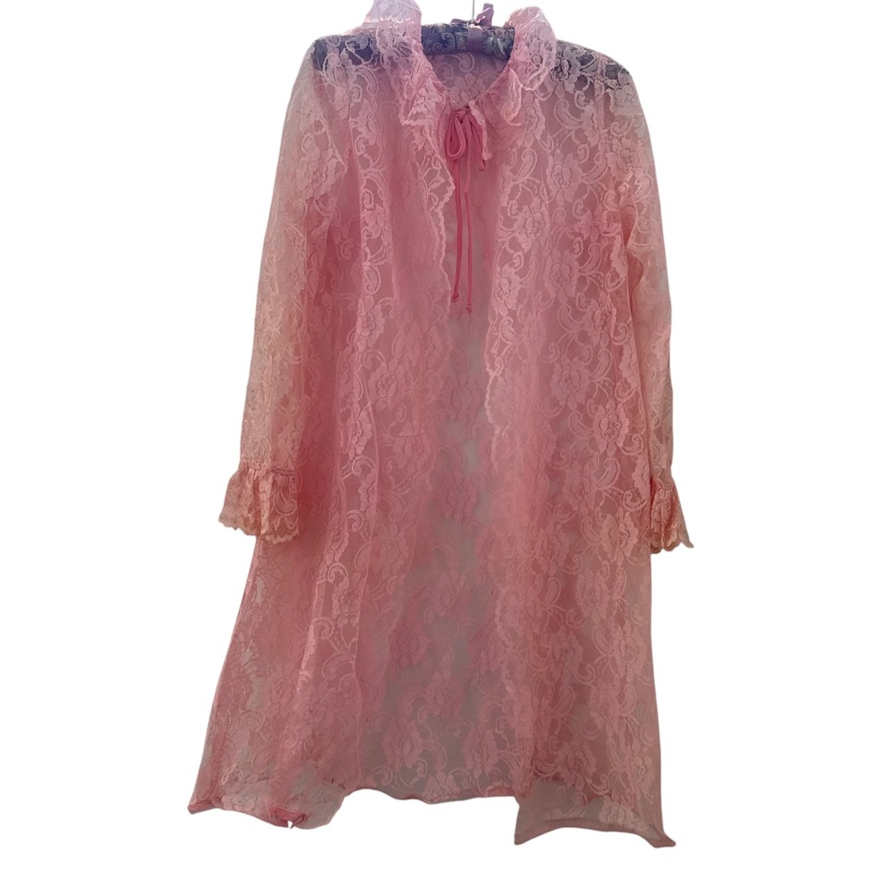 Vintage 60s Floral Lace Peignoir Robe Sheer Ruffle Coquette Lingerie M Pink